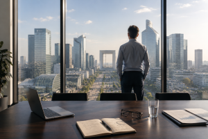 Dirigeant ou collaborateur observant le quartier d'affaires de La Défense, illustrant la santé mentale au travail et la prise de recul sur la performance