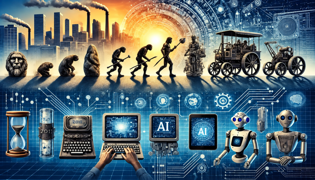 Frise de l'évolution humaine, des premiers outils aux robots et à l'intelligence artificielle, illustrant le lien entre IA et performance humaine